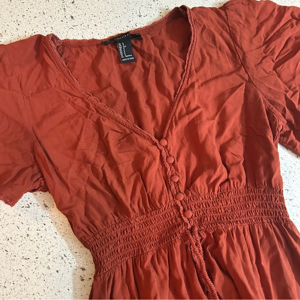 Burnt Orange Button Front Tassel Short Sleeve Mini Dress Size S - Picture 5 of 6